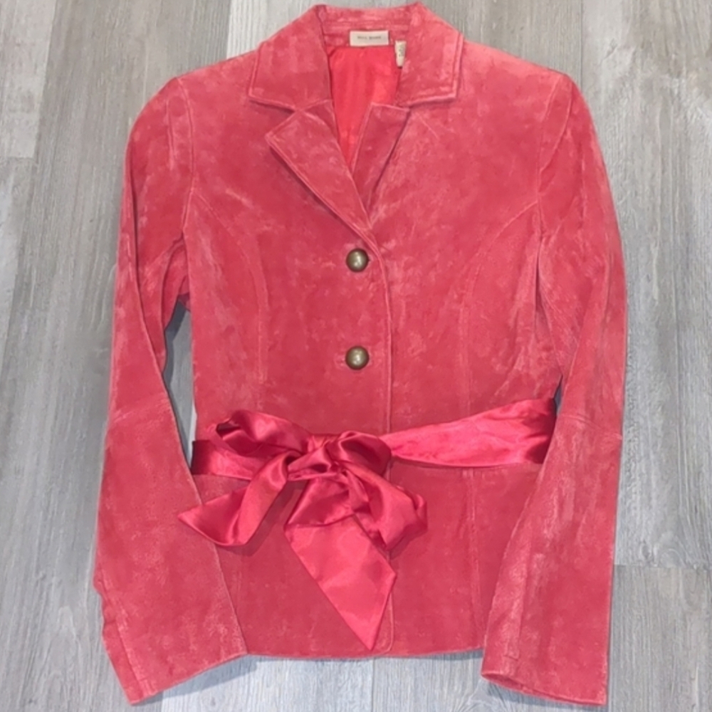 Ruff Hewn Coral Suede  Blazer with Satin Waist Tie
